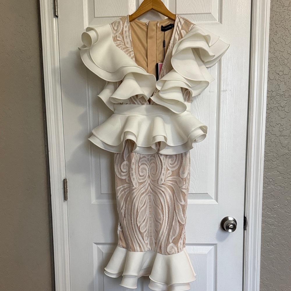 PrettyLittleThing White and Cream Ruffle Midi Dress